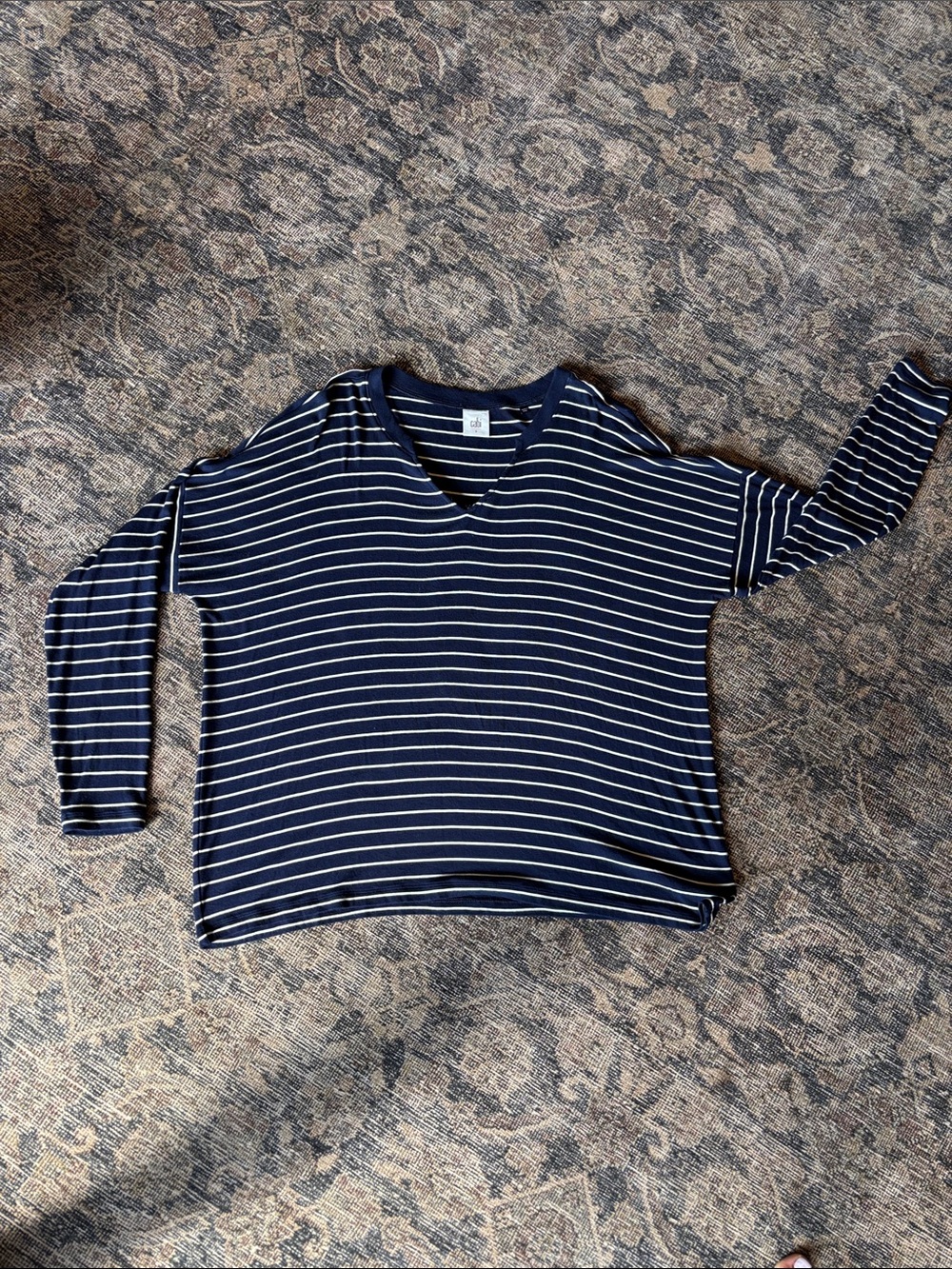 CAbi Navy and White Striped V-Neck Long Sleeve Top